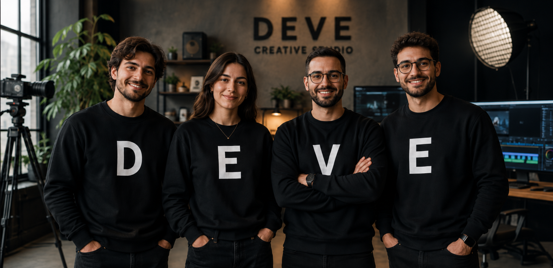 DEVE creative team wearing D, E, V and E sweatshirts in the studio